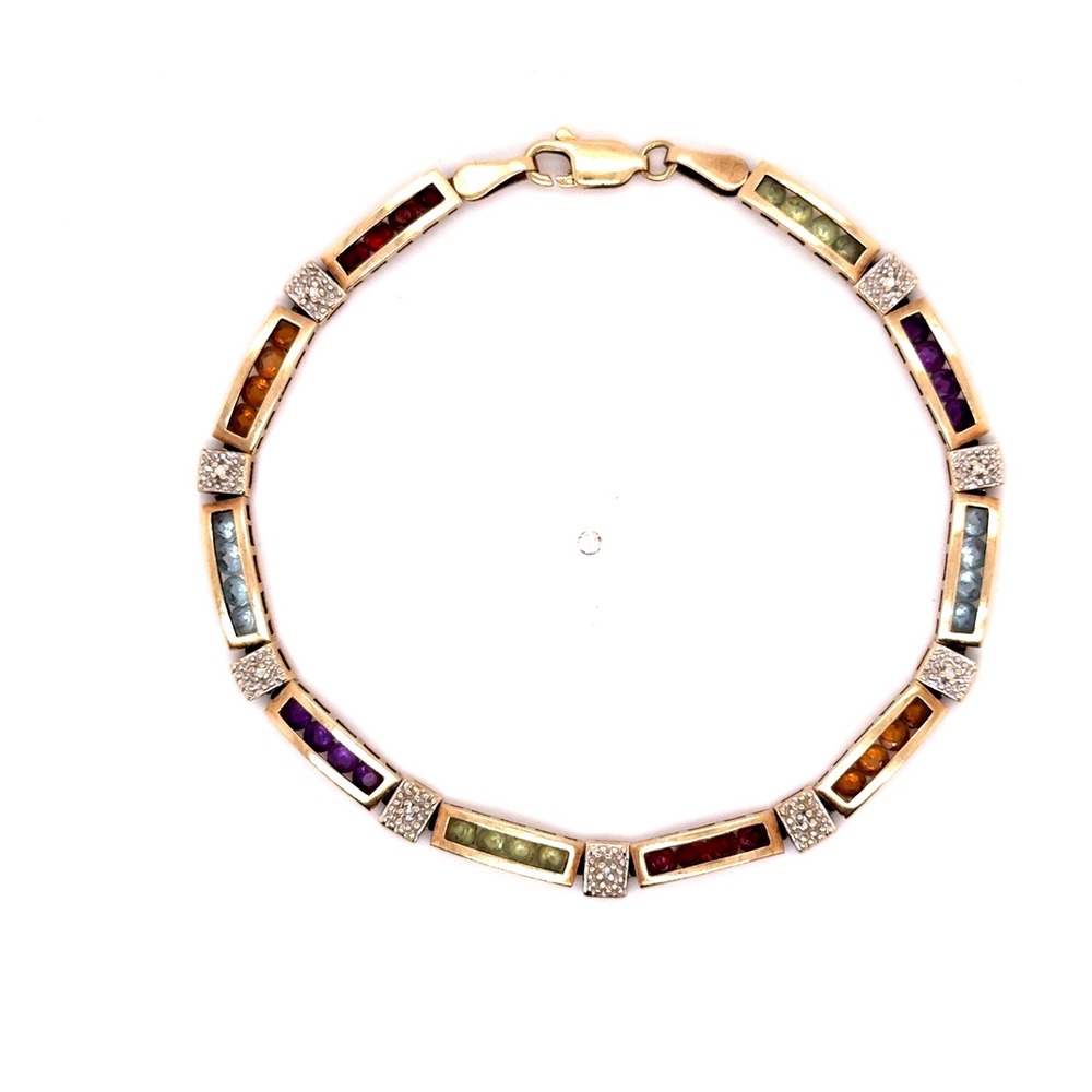 10k Yellow Gold Multi Gemstone Diamond Link Bracelet 7.25 Inch 6.7g